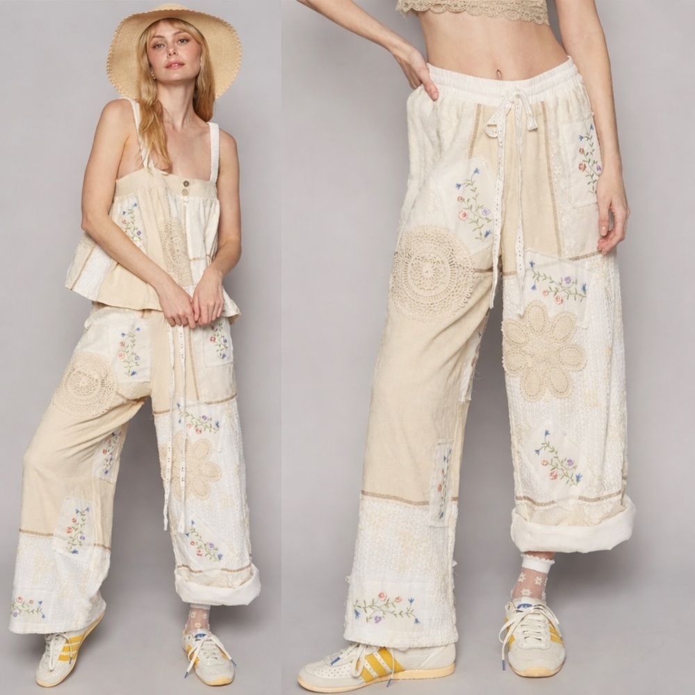 POL Natural Patchwork Wide Leg Pants Large Boho Embroidered Lace Cottagecore